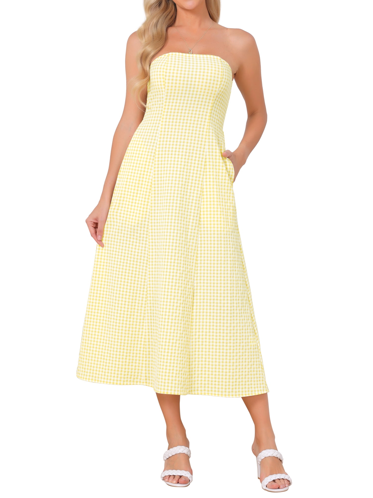 DARING DIVA Women's Gingham Strapless Maxi Summer Casual Sundress Small Yellow