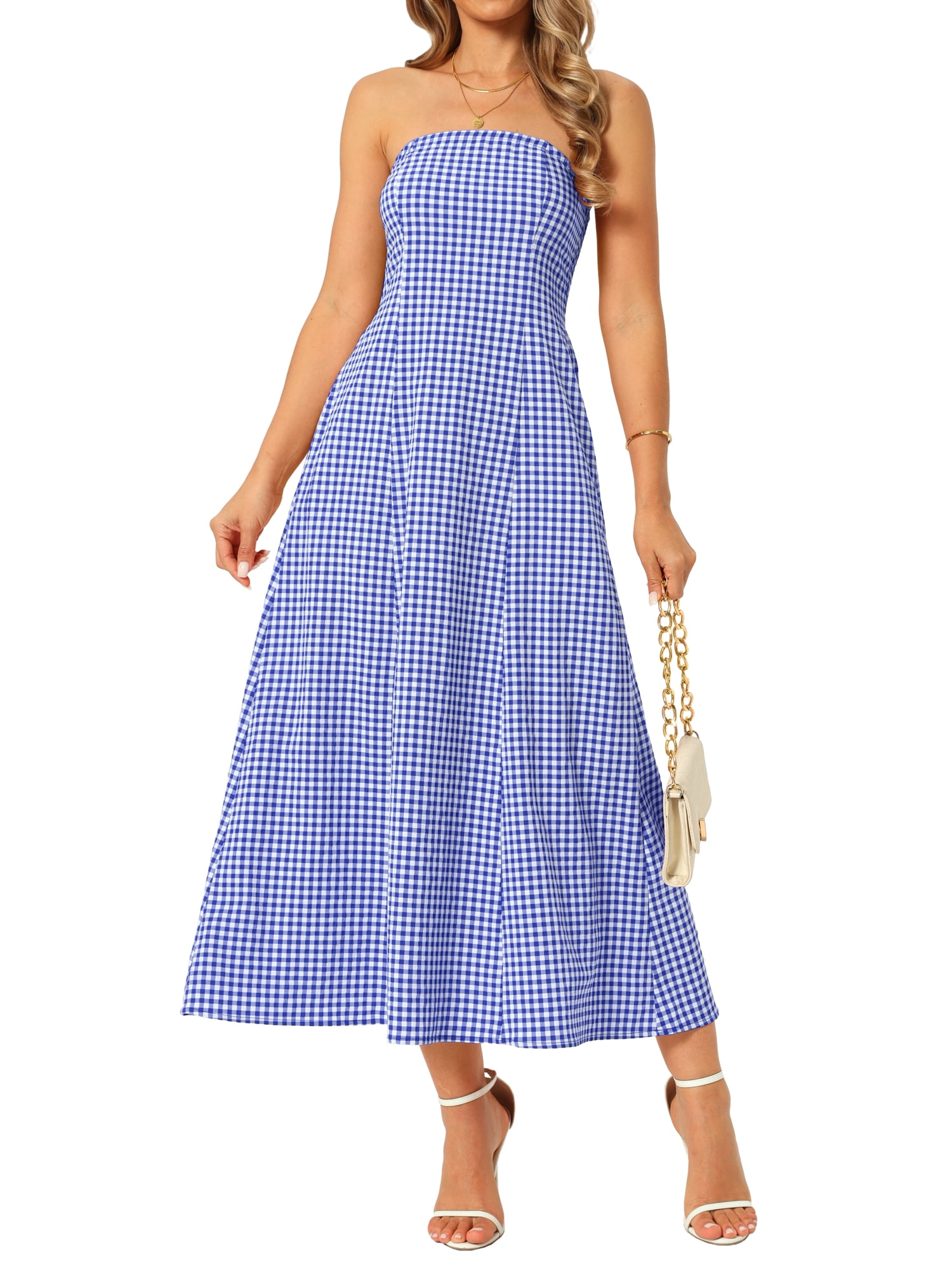 DARING DIVA Women's Gingham Strapless Maxi Summer Casual Sundress XL Blue