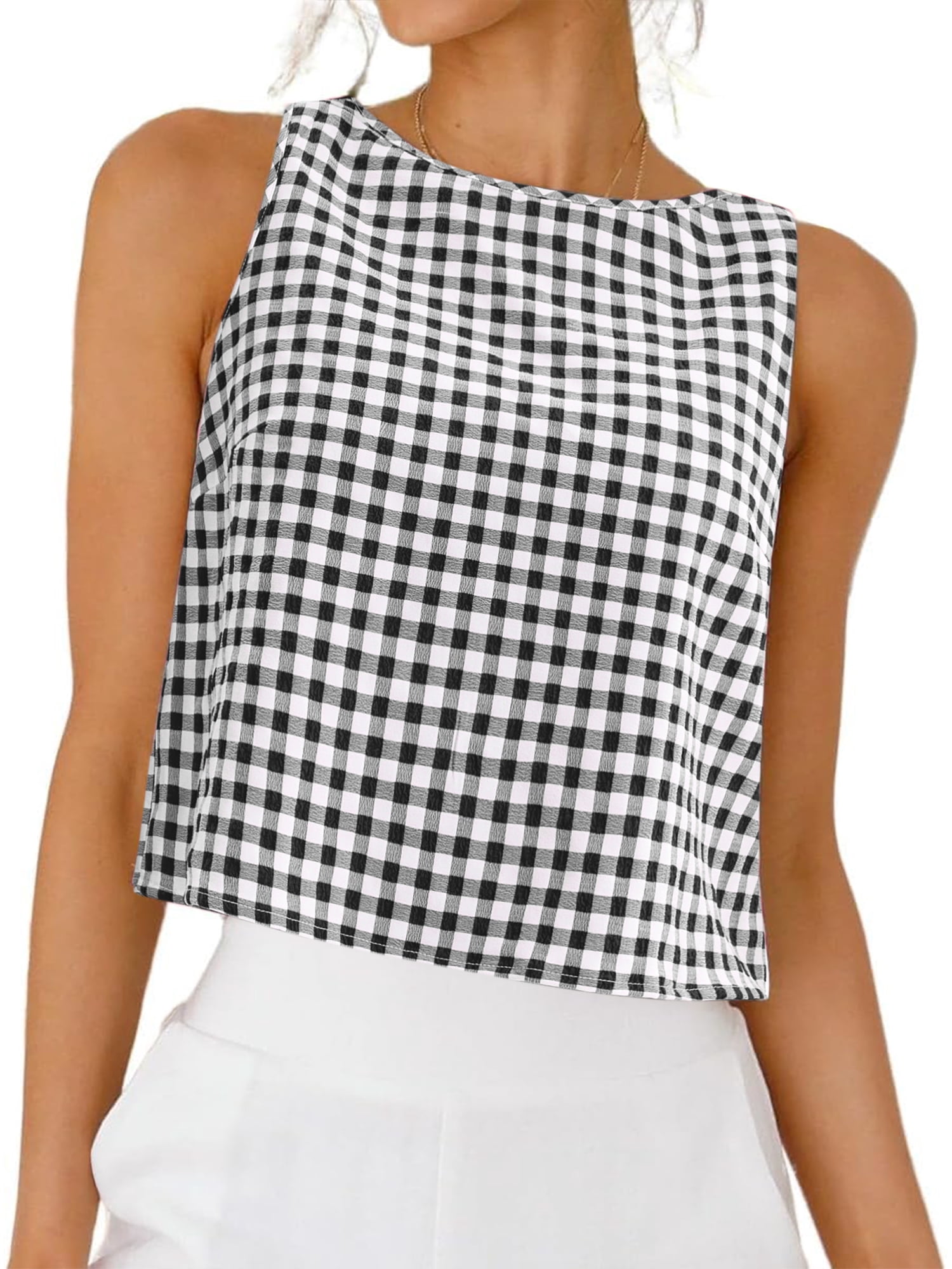 DARING DIVA Women's Gingham Summer Crop Tank Tops Button Back Sleeveless Shirts L Black