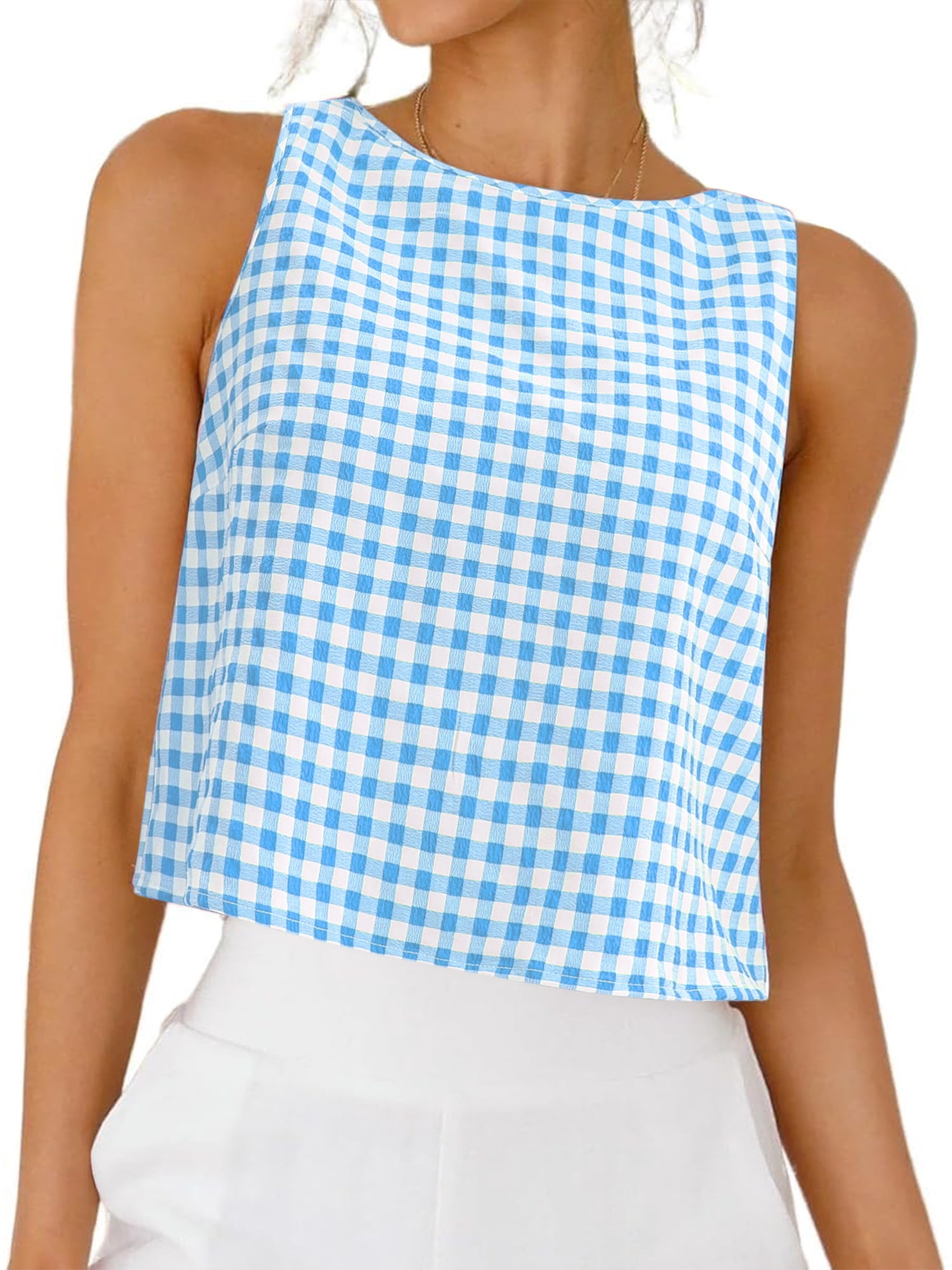 DARING DIVA Women's Gingham Summer Crop Tank Tops Button Back Sleeveless Shirts L Blue