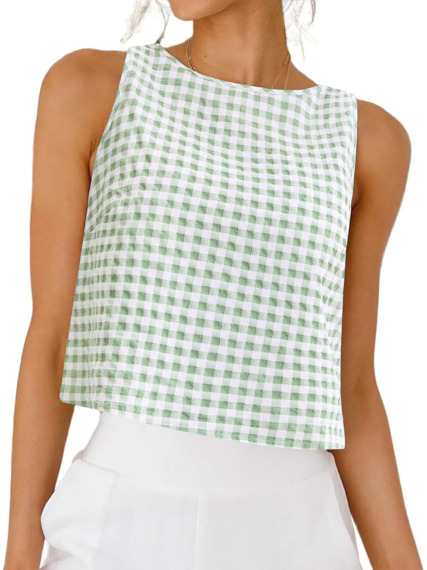 DARING DIVA Women's Gingham Summer Crop Tank Tops Button Back Sleeveless Shirts M Green