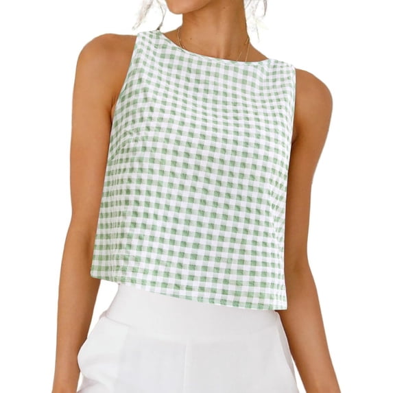 DARING DIVA Women's Gingham Summer Crop Tank Tops Button Back Sleeveless Shirts M Green