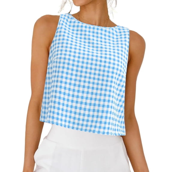 DARING DIVA Women's Gingham Summer Crop Tank Tops Button Back Sleeveless Shirts XL Blue