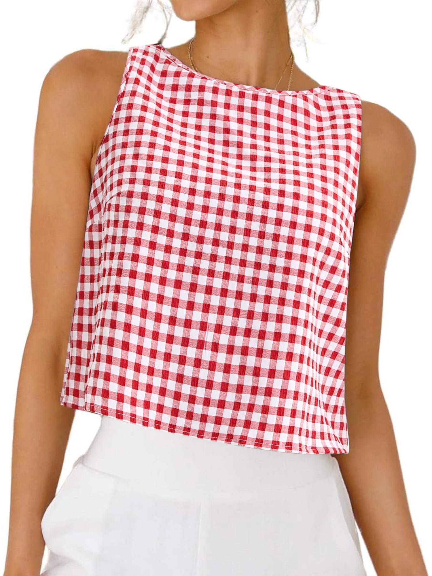 DARING DIVA Women's Gingham Summer Crop Tank Tops Button Back Sleeveless Shirts XL Red