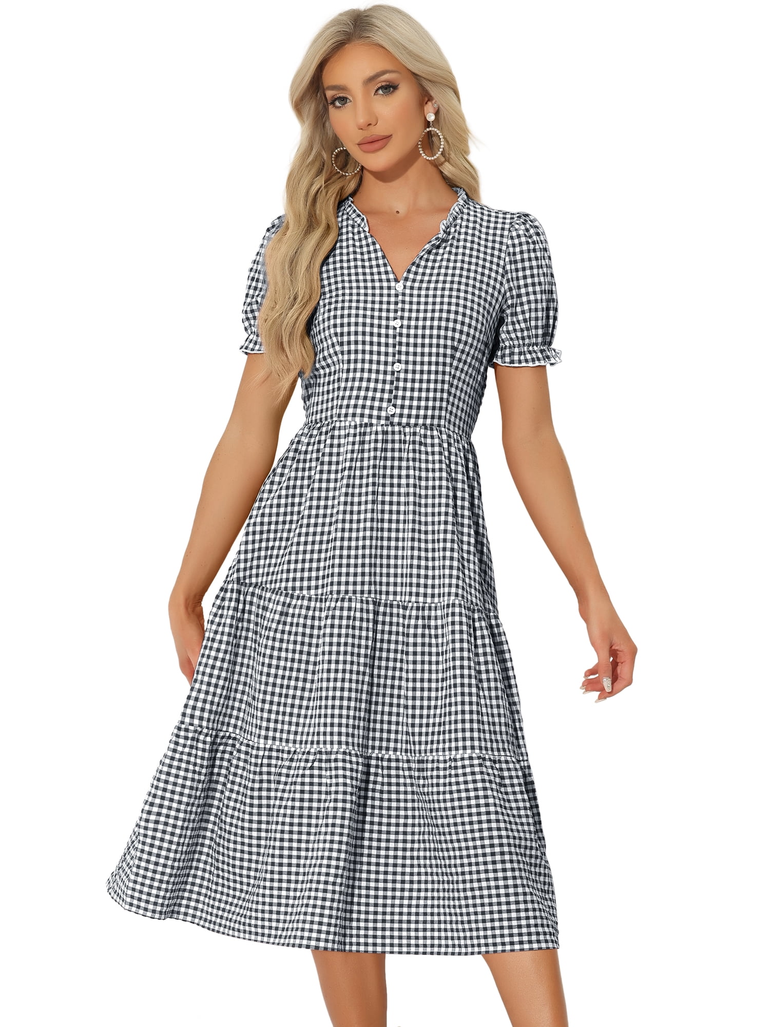 DARING DIVA Women's Gingham Summer Ruffle Trim V Neck Button Decor Dresses XS Black