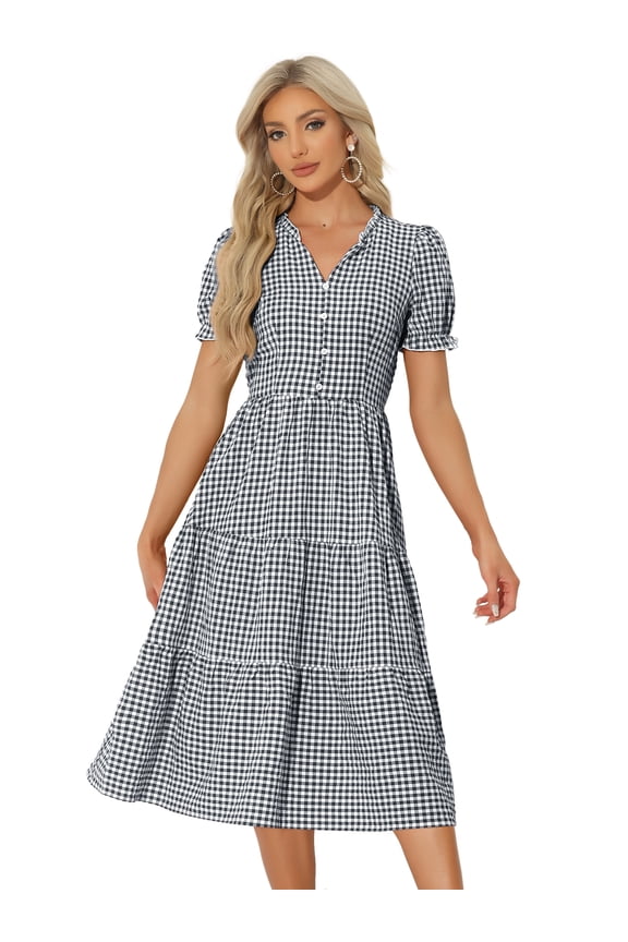 Women's Gingham Summer Ruffle Trim V Neck Button Decor Dresses XS Black
