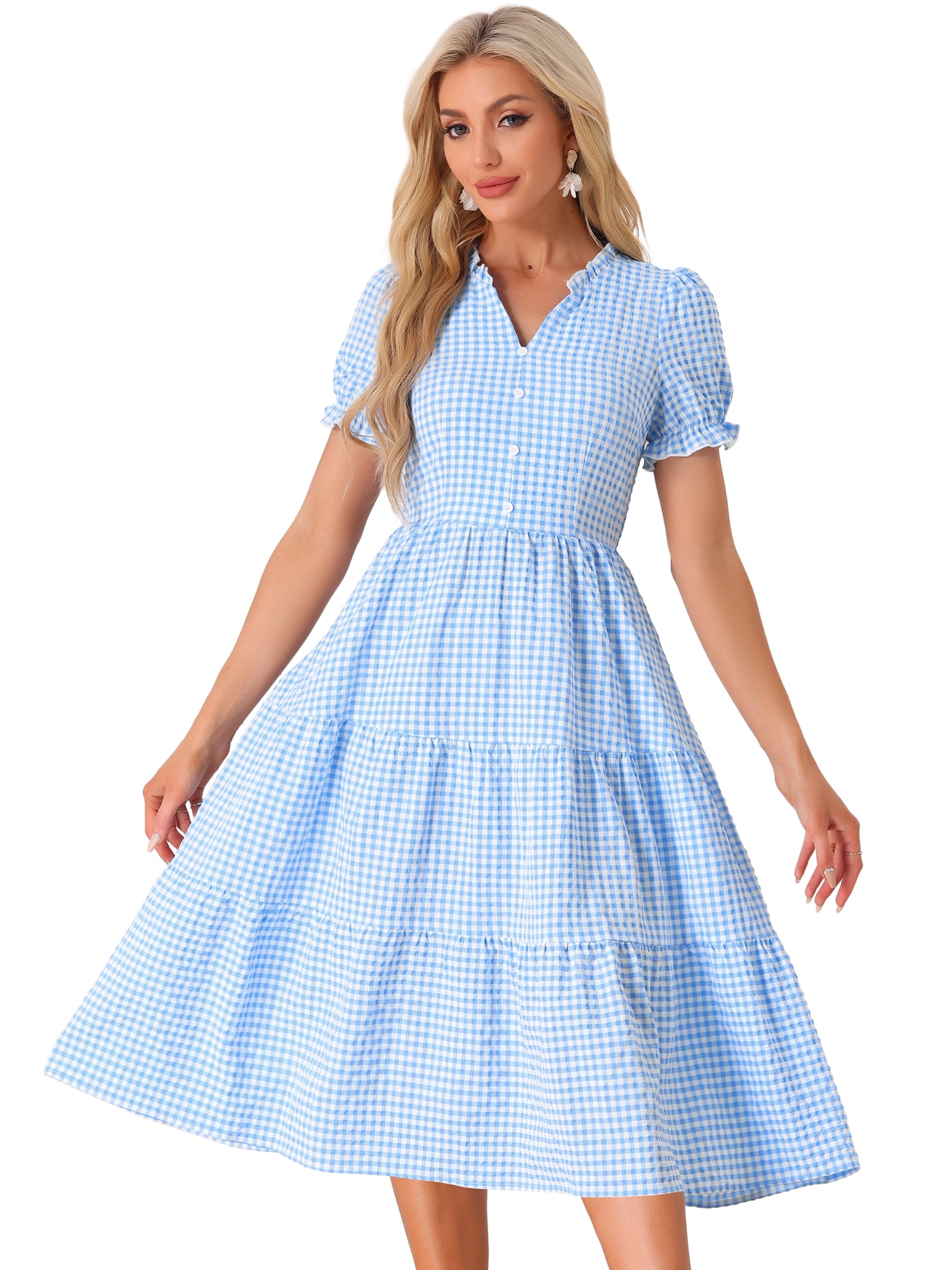 DARING DIVA Women's Gingham Summer Ruffle Trim V Neck Button Decor Dresses XS Blue