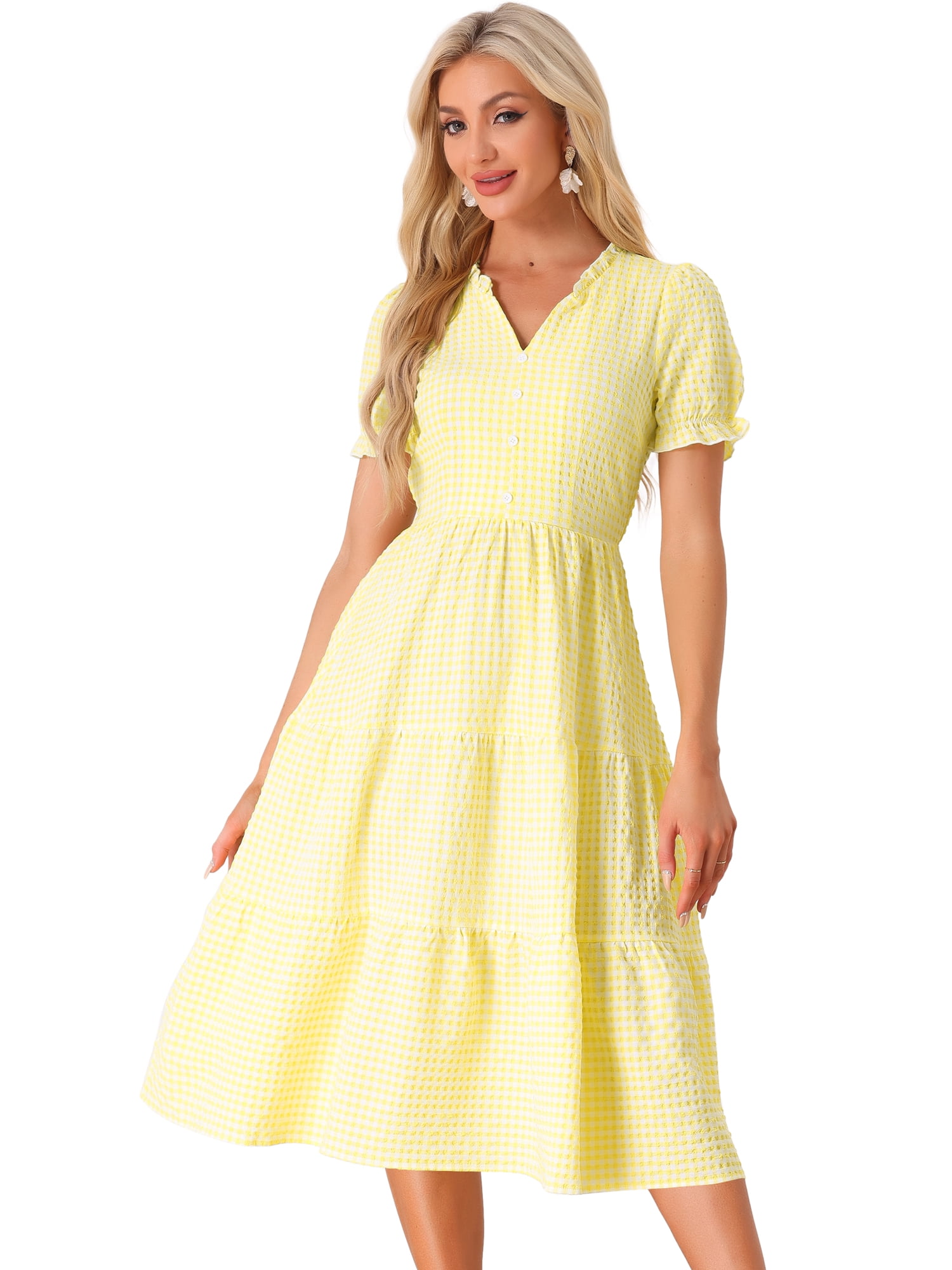 DARING DIVA Women's Gingham Summer Ruffle Trim V Neck Button Decor Dresses XS Yellow