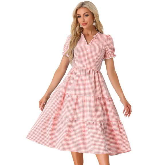 DARING DIVA Women's Gingham Summer Ruffle Trim V Neck Dresses XL Pink