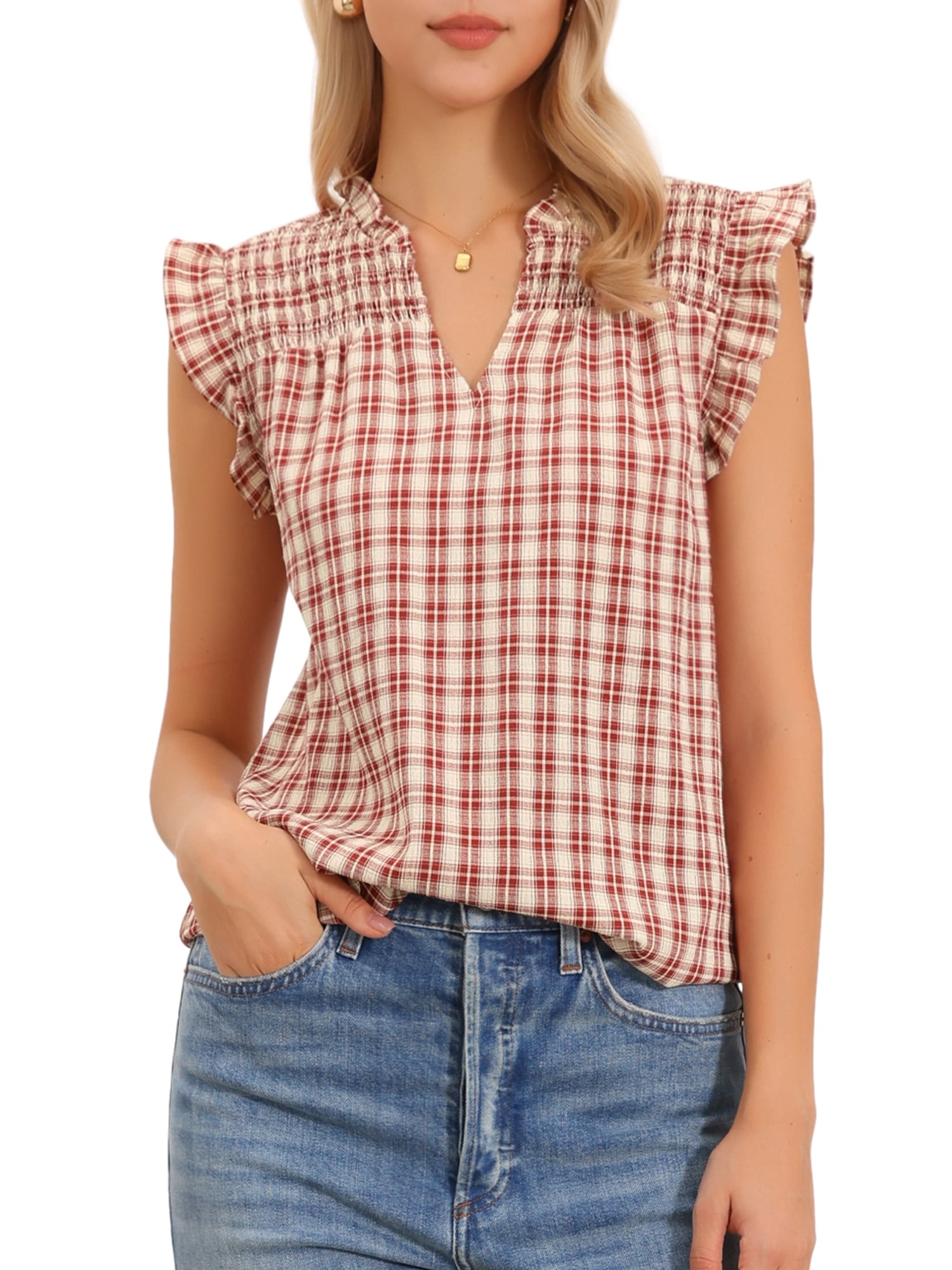DARING DIVA Women's Gingham Top Summer Ruffle Cap Sleeve V Neck Plaid Cute Shirts S Red