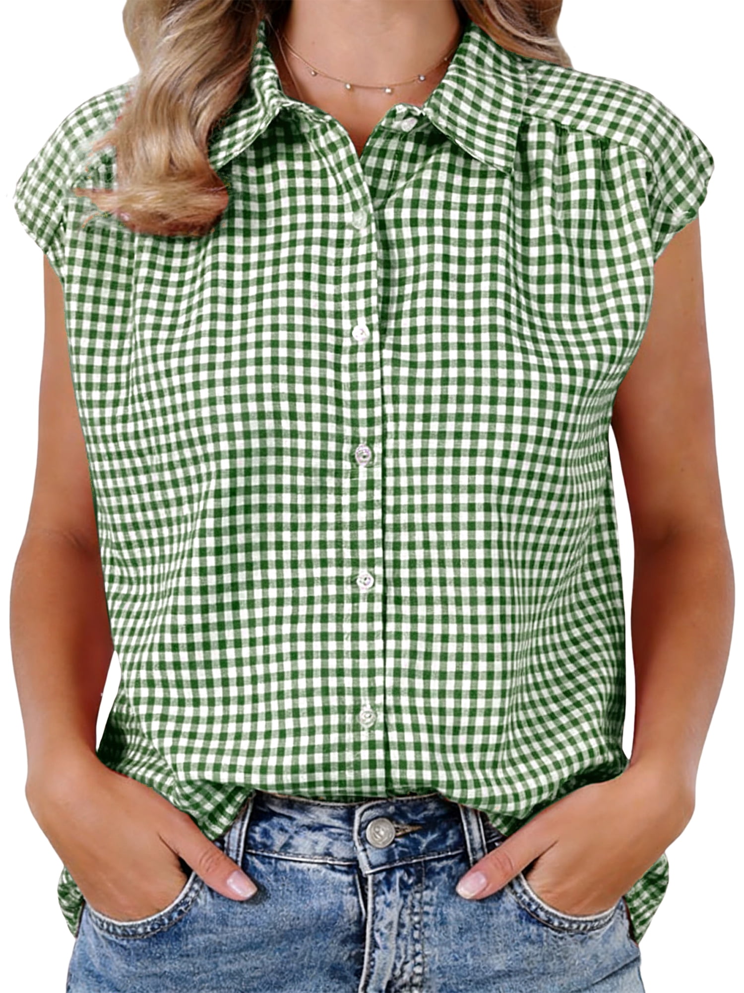 DARING DIVA Women's Gingham Top Work Cap Sleeve Vintage Plaid Button Down Shirts M Green