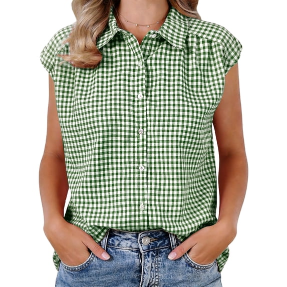 DARING DIVA Women's Gingham Top Work Cap Sleeve Vintage Plaid Button Down Shirts S Green