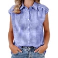 thumbnail image 1 of DARING DIVA Women's Gingham Top Work Cap Sleeve Vintage Plaid Button Down Shirts XL Blue, 1 of 6