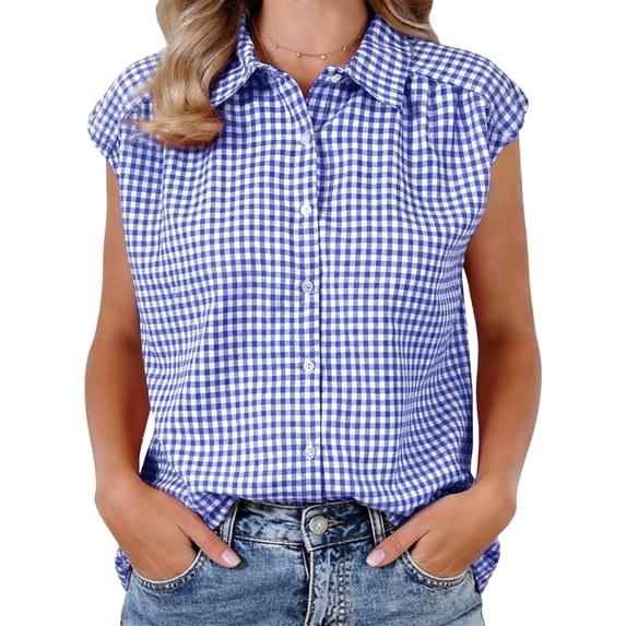 DARING DIVA Women's Gingham Top Work Cap Sleeve Vintage Plaid Button Down Shirts XL Blue