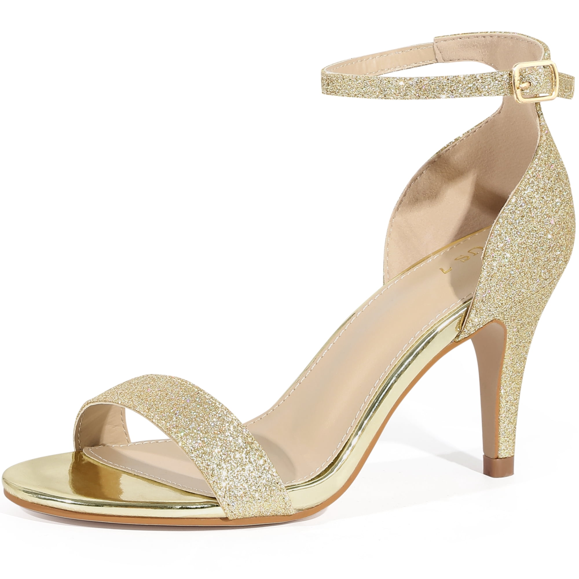 DARING DIVA Women's Glitter Ankle Strap Stiletto Heel Sandals Champagne Gold 10