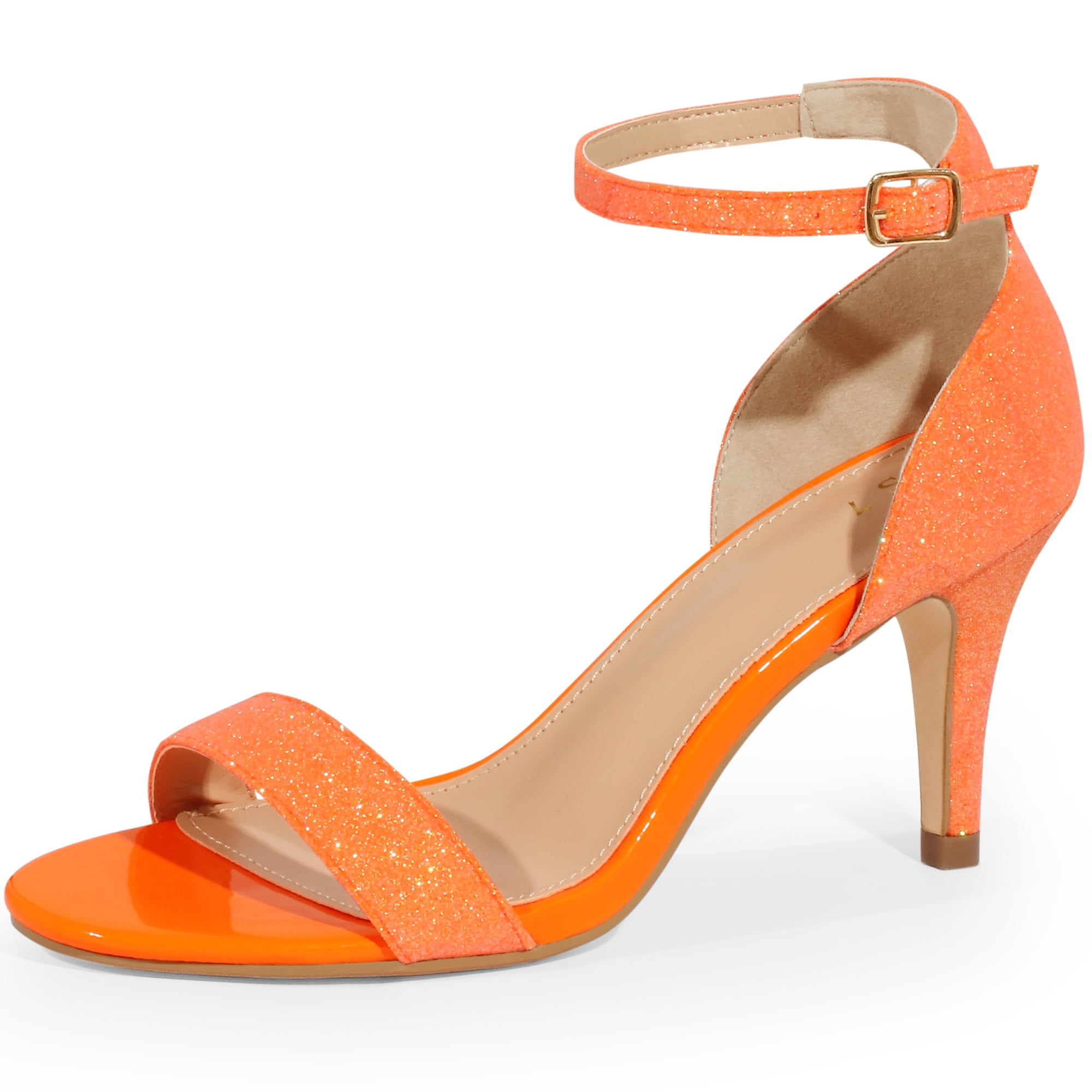 DARING DIVA Women's Glitter Ankle Strap Stiletto Heel Sandals Orange 10