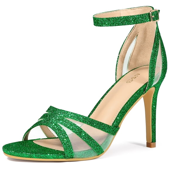 DARING DIVA Women's Glitter Ankle Strap Stiletto Heels Sandals Grass Green 9