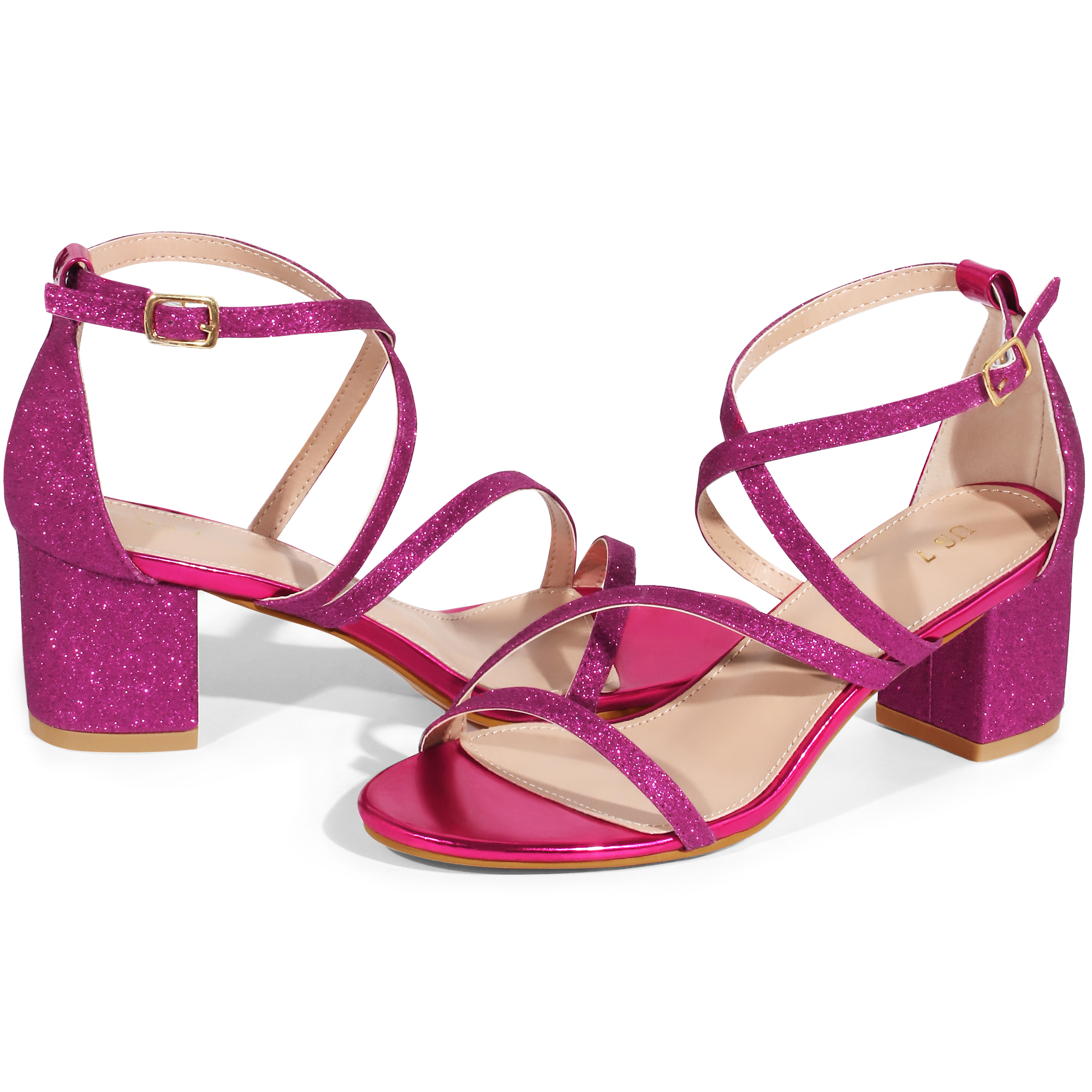 DARING DIVA Women's Glitter Crisscross Strap Chunky Heels Sandals Hot Pink 6