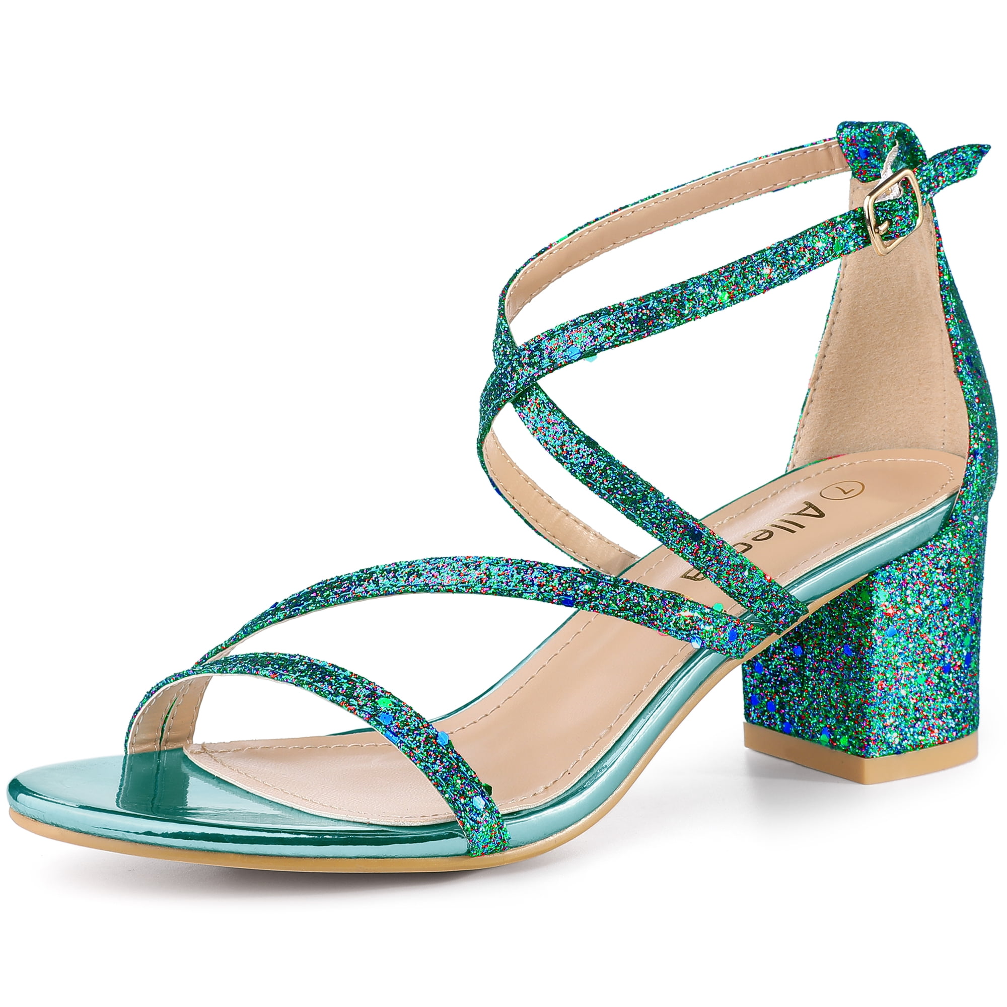 DARING DIVA Women's Glitter Crisscross Strap Chunky Heels Sandals Perfect Green 6
