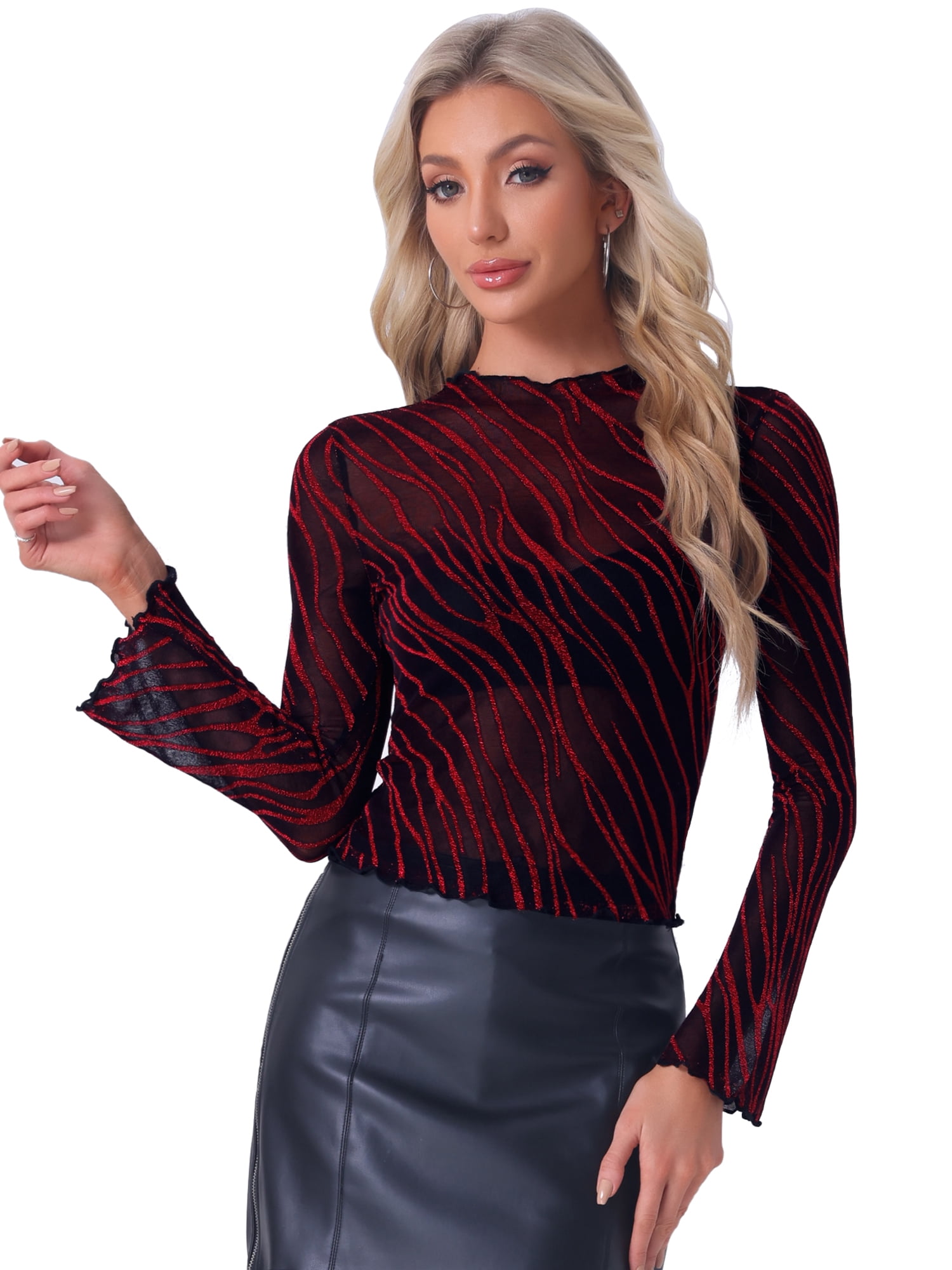 DARING DIVA Women's Glitter Mesh Mock Neck See Through Blouse L Red