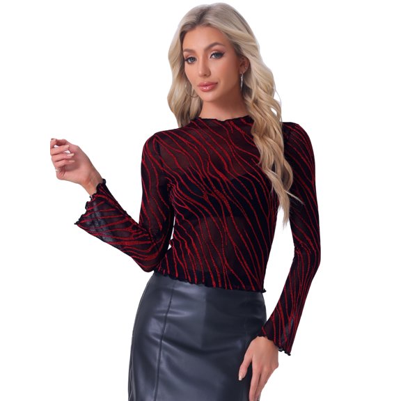 DARING DIVA Women's Glitter Mesh Mock Neck See Through Blouse L Red