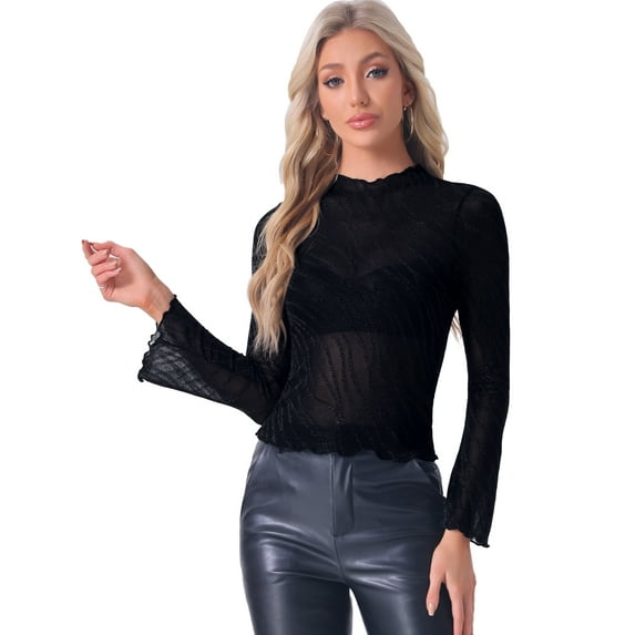 DARING DIVA Women's Glitter Mesh Mock Neck See Through Blouse XL Black
