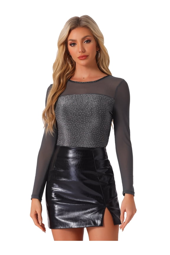 Women's Glitter Mesh Panel Round Neck Sparkly Tops L Gray Silver