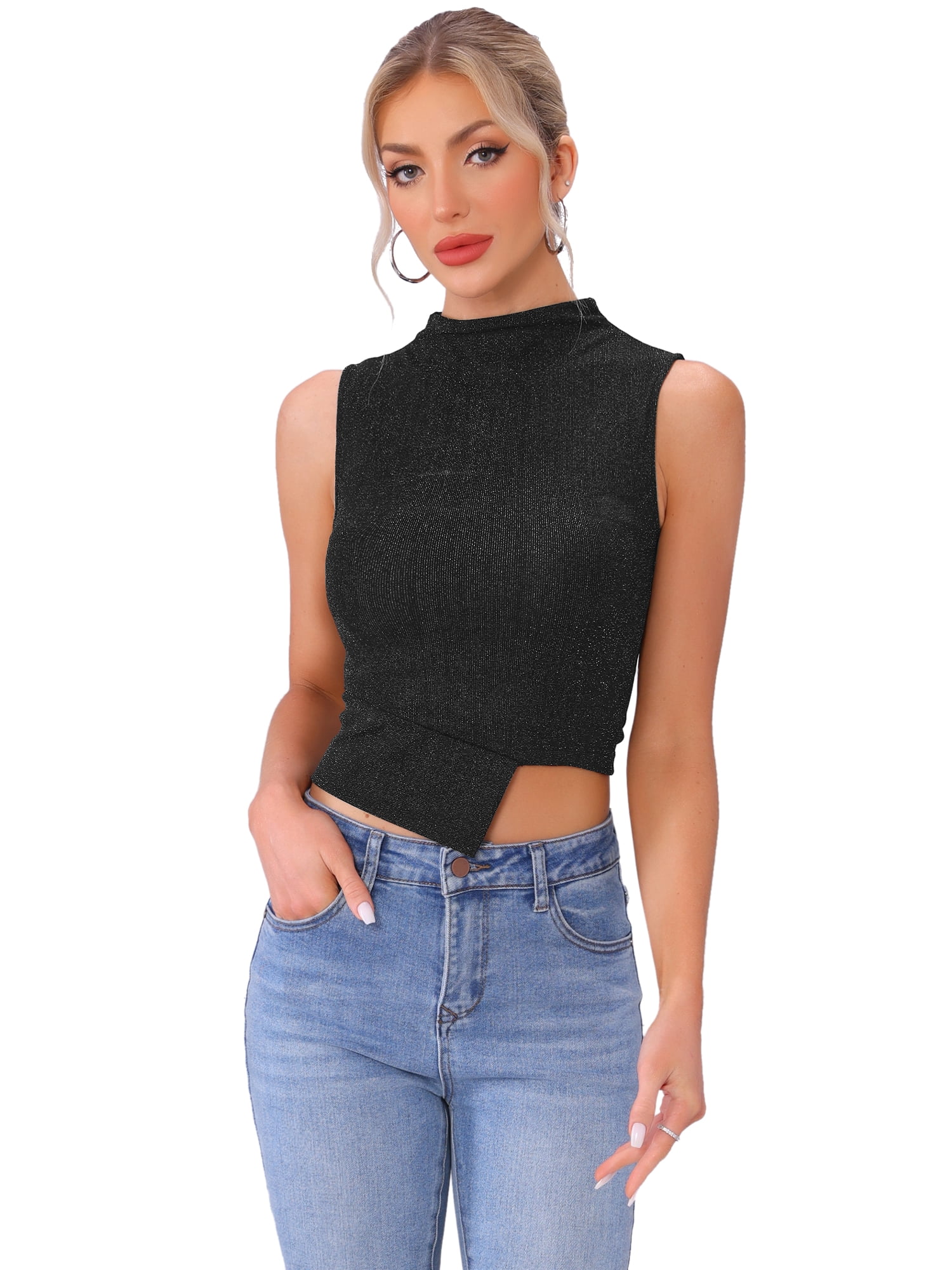 DARING DIVA Women's Glitter Mock Neck Sleeveless Asymmetrical Hem Outfit XS Black