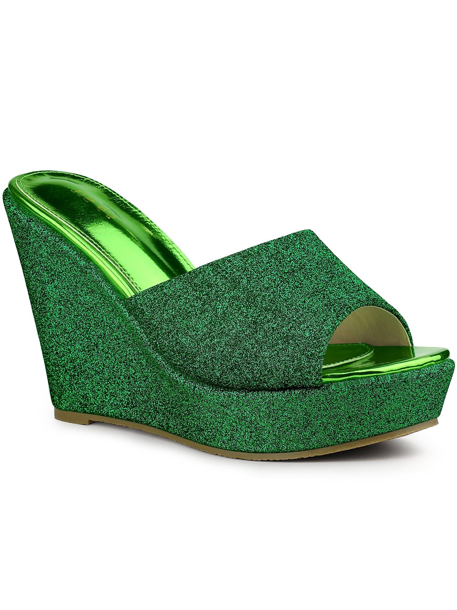 DARING DIVA Women's Glitter Platform Slip-on Wedge Heels Sandals Green 8.5