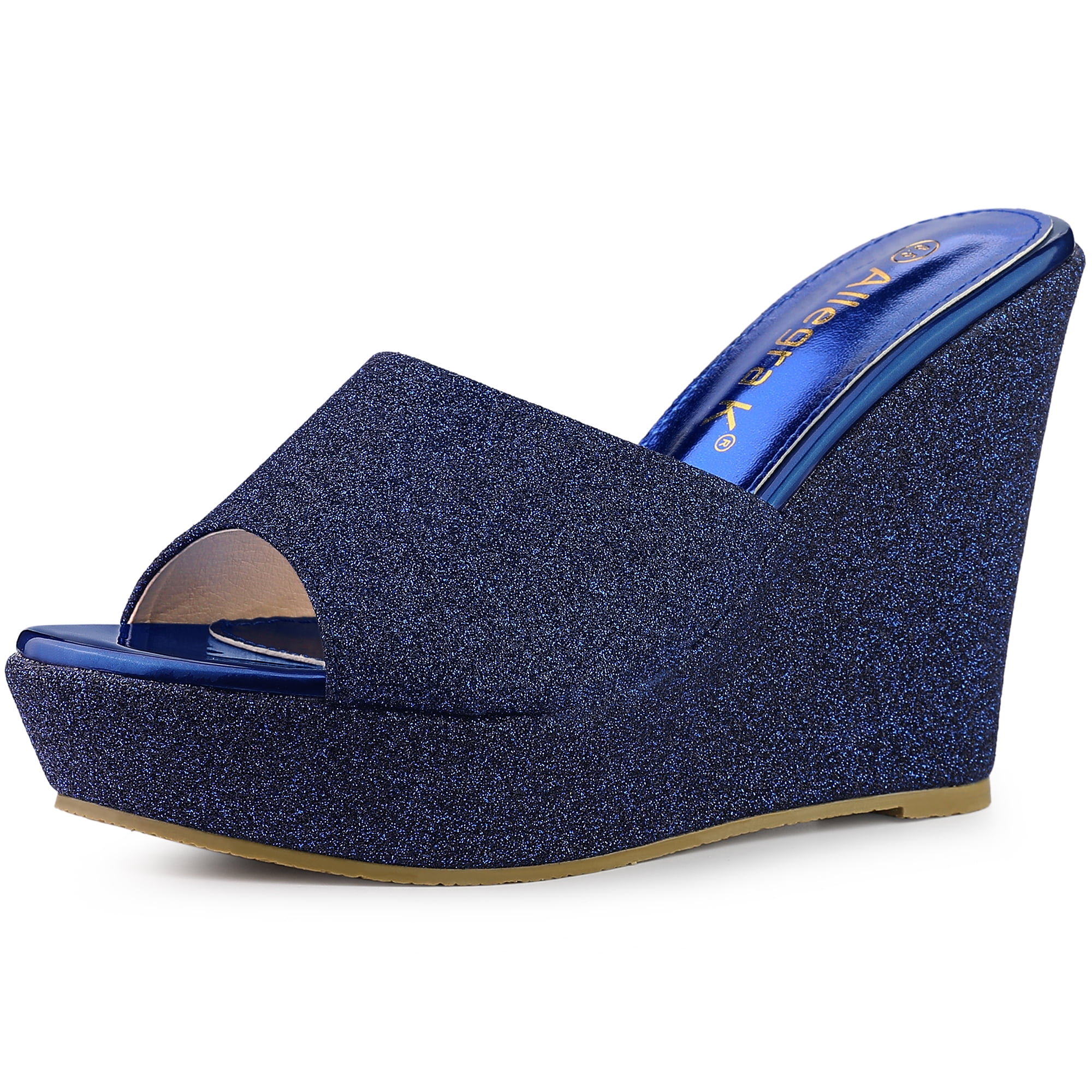DARING DIVA Women's Glitter Platform Slip-on Wedge Heels Sandals Navy Blue 7