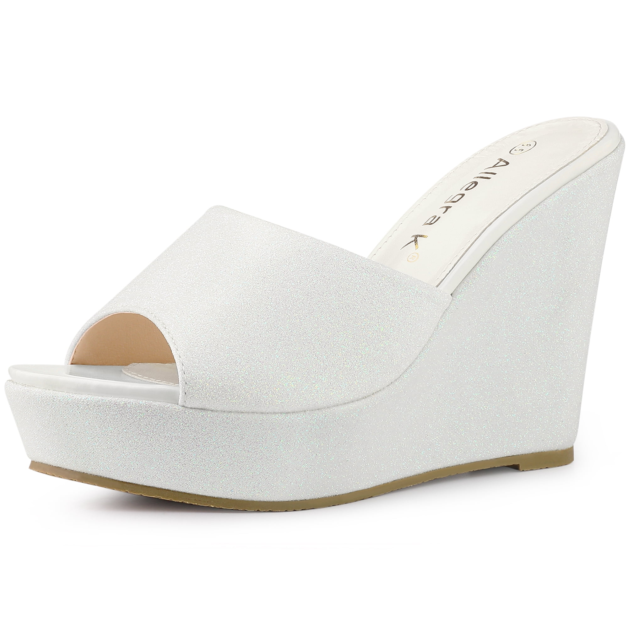 DARING DIVA Women's Glitter Platform Slip-on Wedge Heels Sandals White 8.5