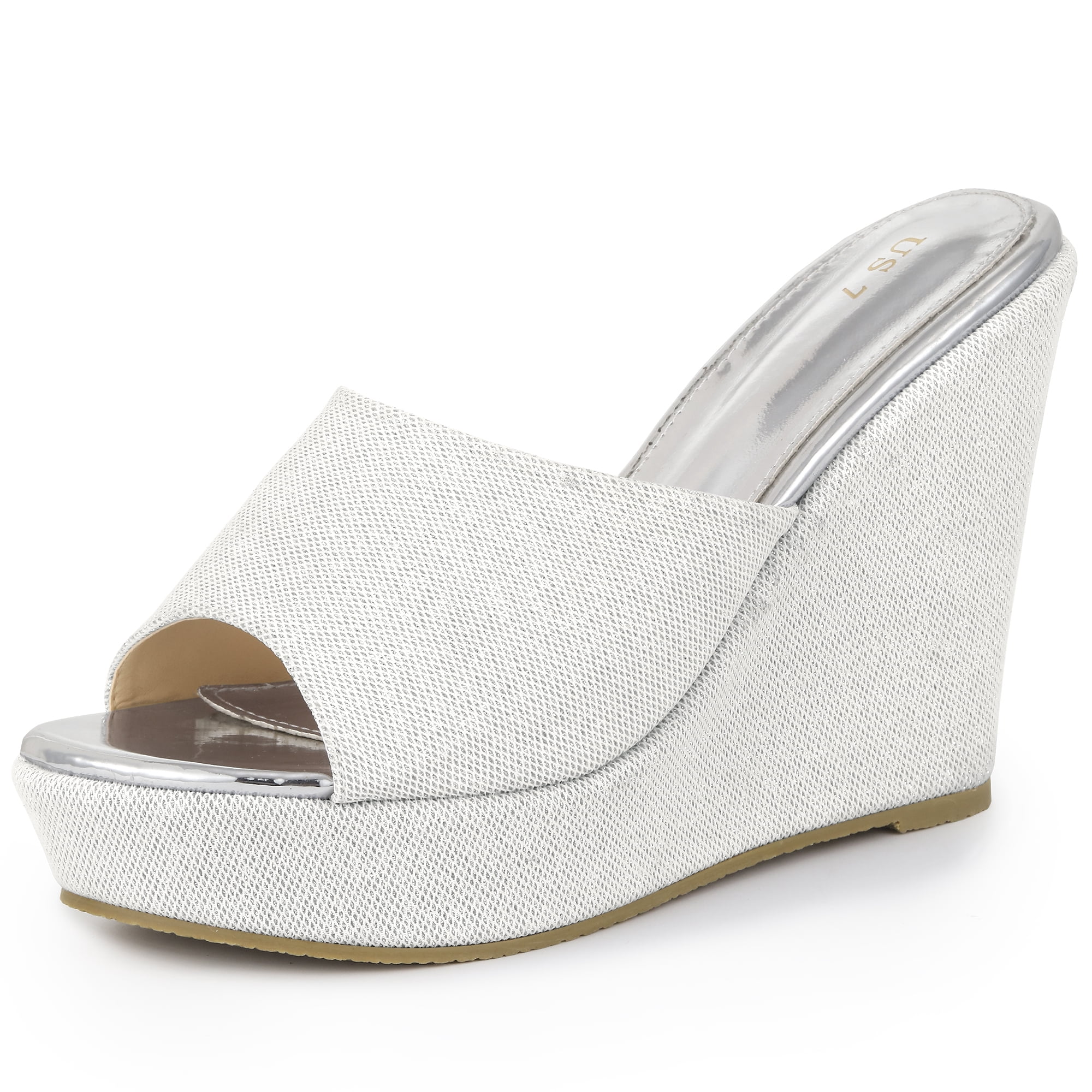 DARING DIVA Women's Glitter Platform Slip-on Wedge Heels Sandals White Silver 8.5