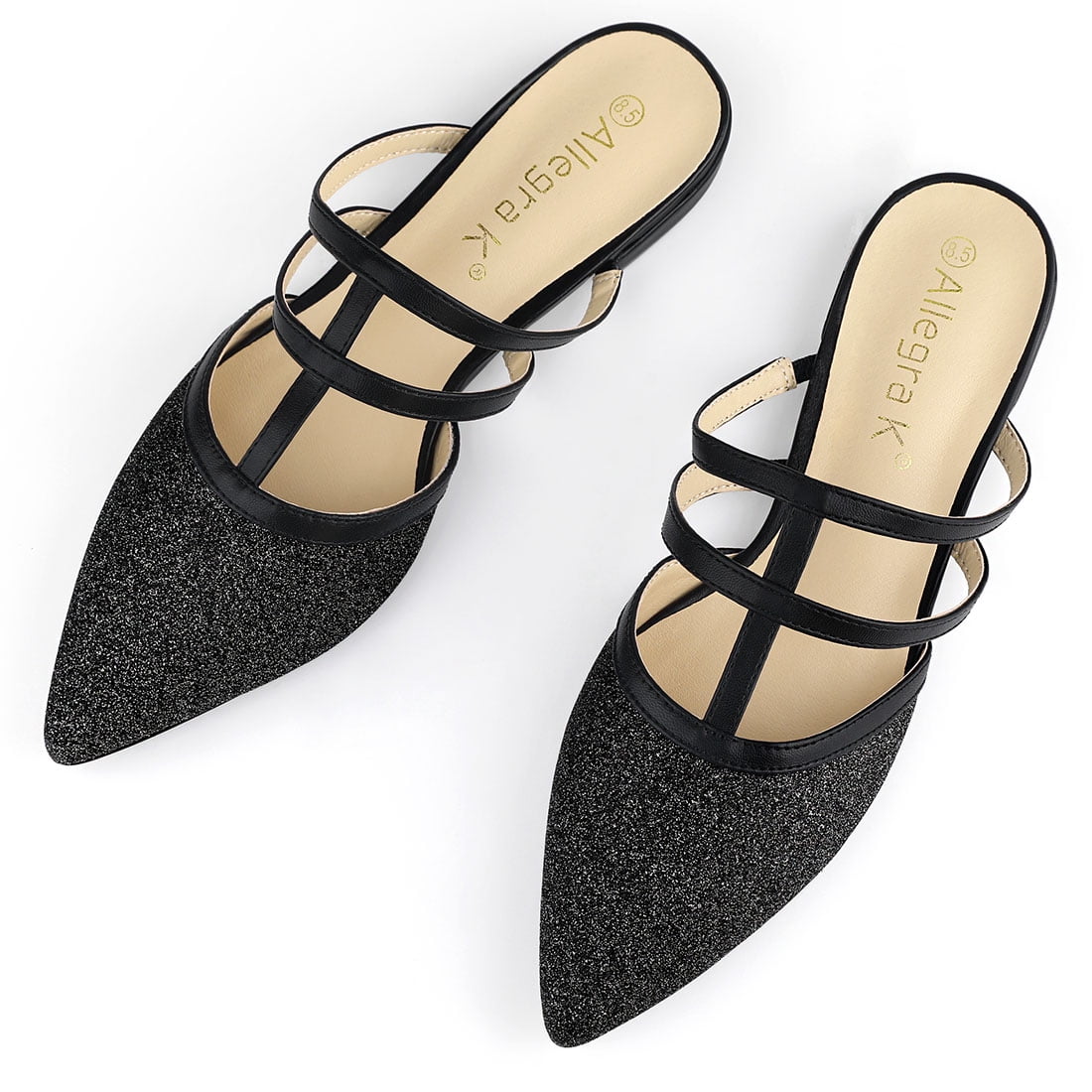 DARING DIVA Women's Glitter Pointed Toe Flats Mules Black 9