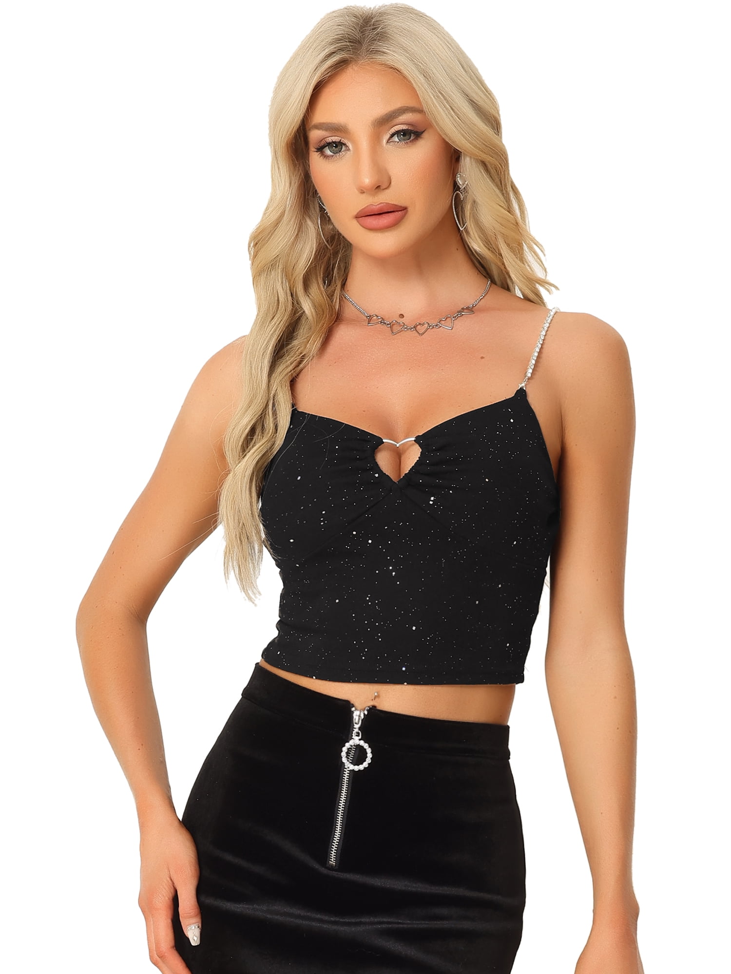 DARING DIVA Women's Glitter Rhinestones Encrusted Cut Out Cami Crop Tank Tops M Black