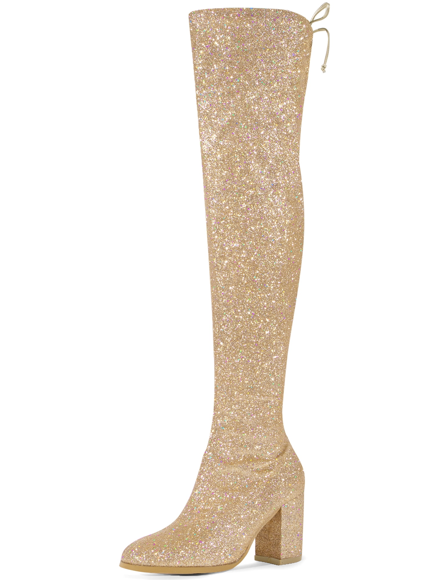 DARING DIVA Women's Glitter Round Toe Chunky Heel Over the Knee High Boots Gold 7.5
