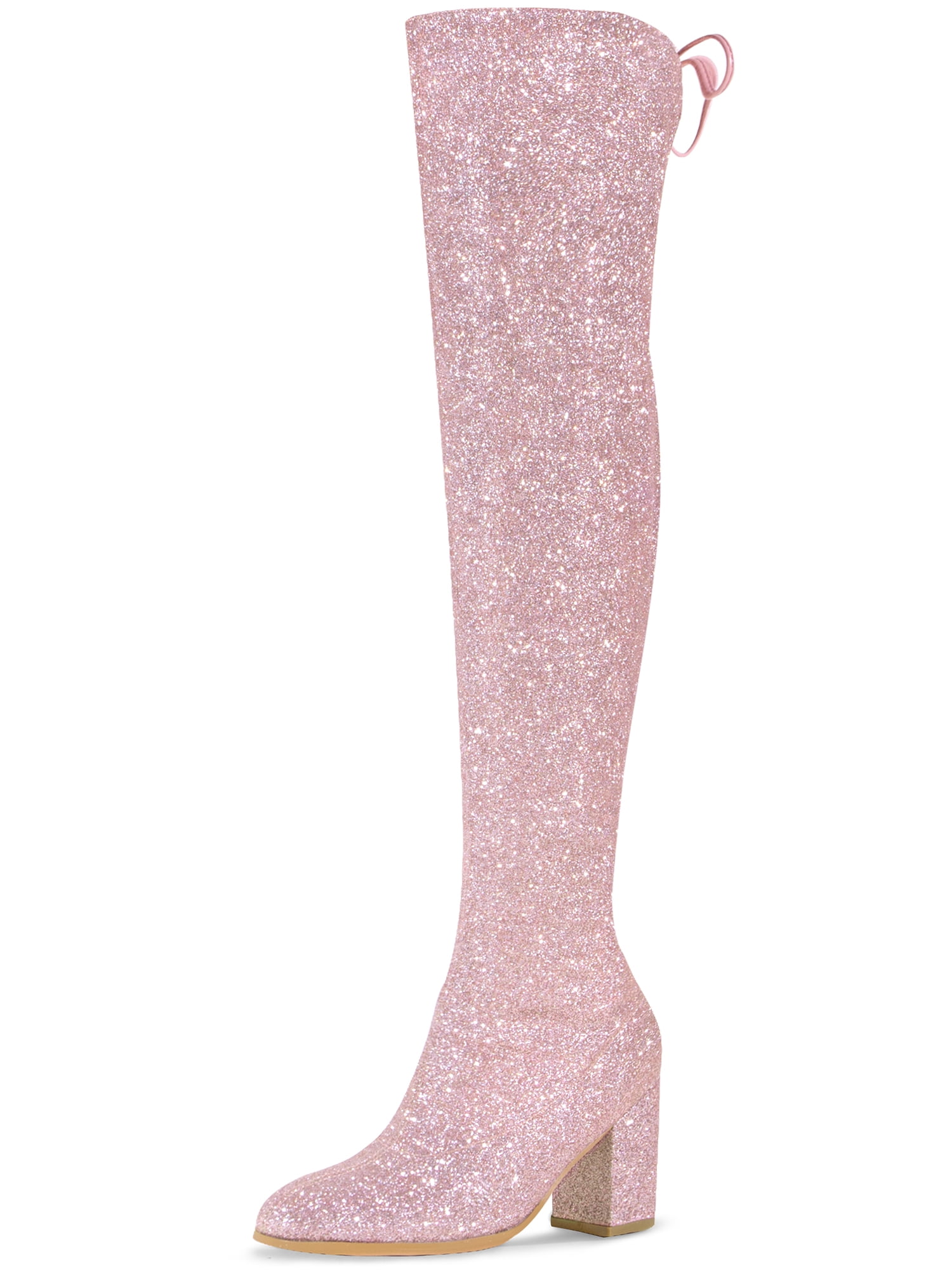 DARING DIVA Women's Glitter Round Toe Chunky Heel Over the Knee High Boots Pink 8.5