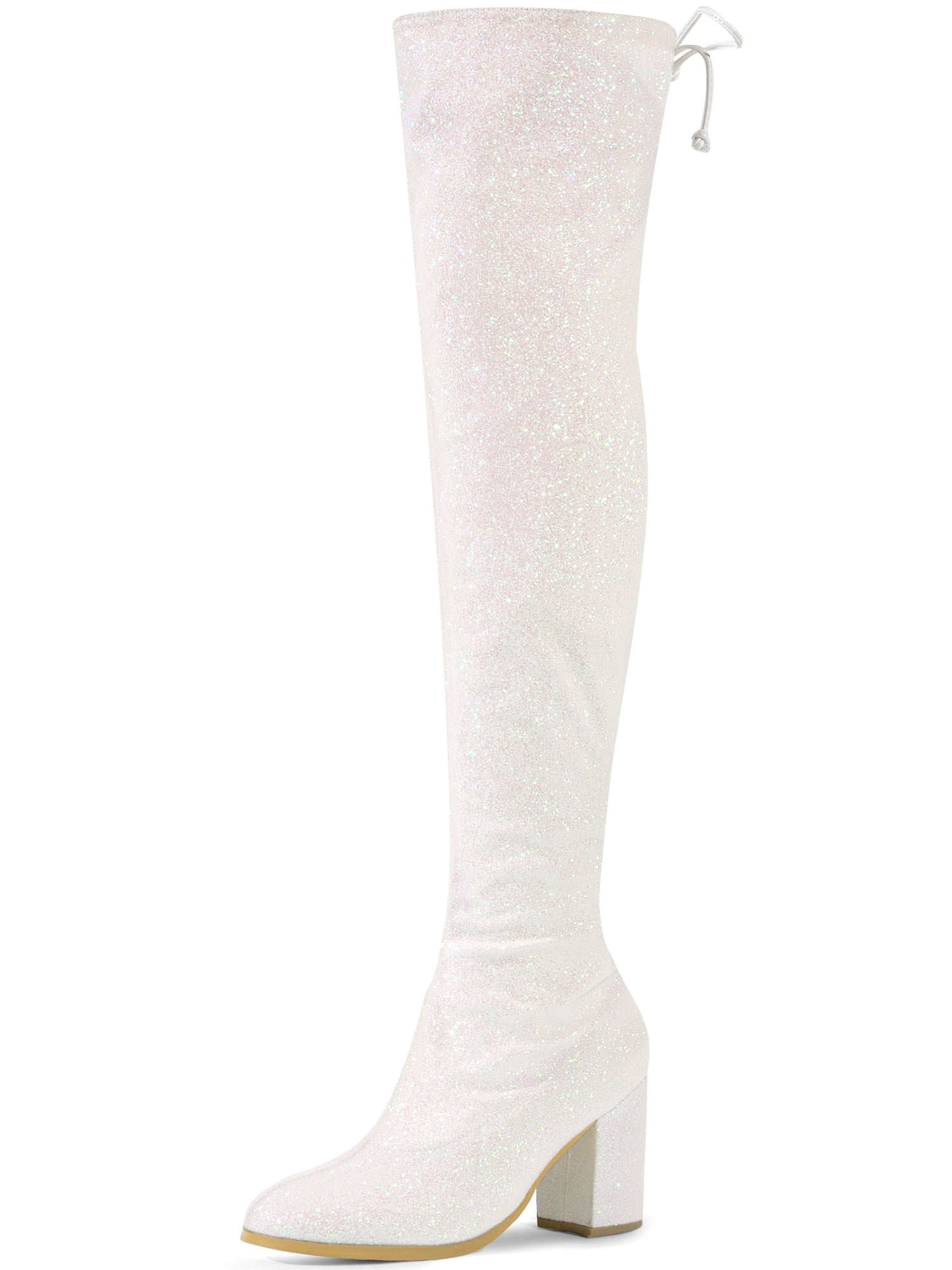 DARING DIVA Women's Glitter Round Toe Chunky Heel Over the Knee High Boots White 8.5