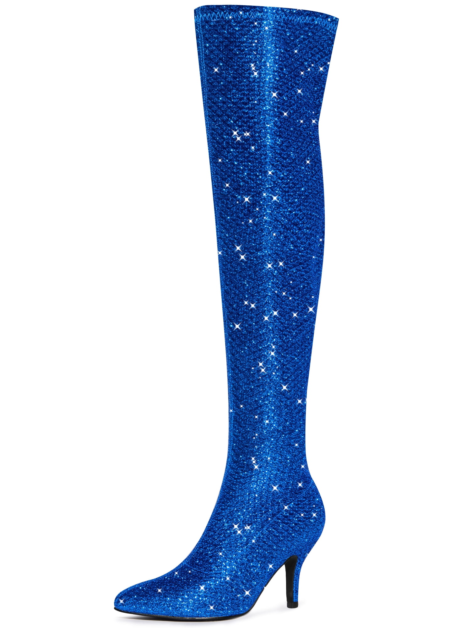 DARING DIVA Women's Glitter Stiletto Heel Over the Knee Thigh High Boots Deep Blue 7