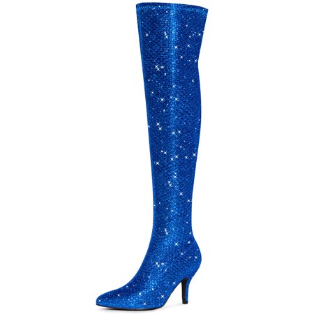 DARING DIVA Women's Glitter Stiletto Heel Over the Knee Thigh High Boots Deep Blue 7