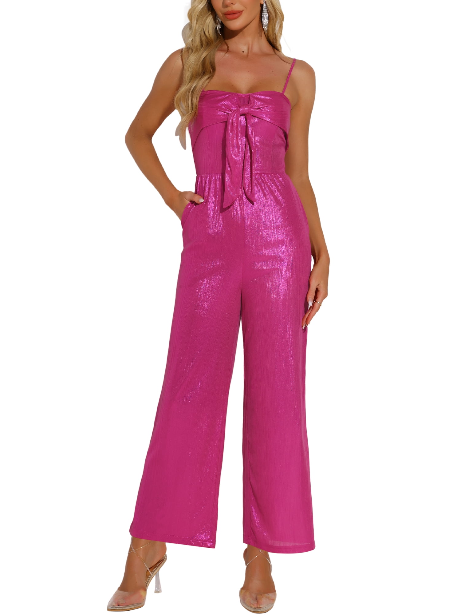 DARING DIVA Women's Glitter V Neck Sleeveless Spaghetti Strap Jumpsuit S Hot Pink