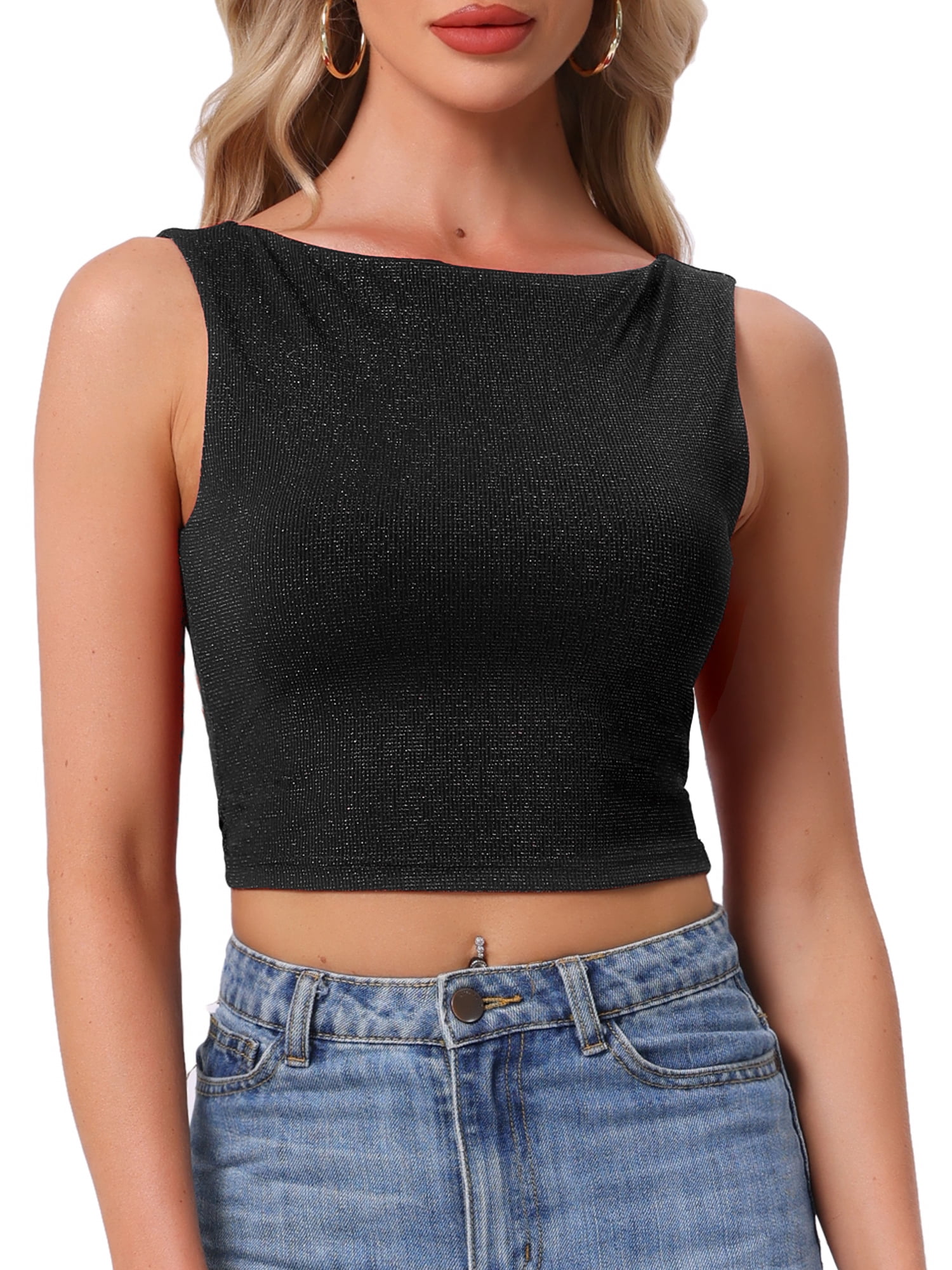 DARING DIVA Women's Glitter Vest Boat Neck Sleeveless Casual Outfit M Black