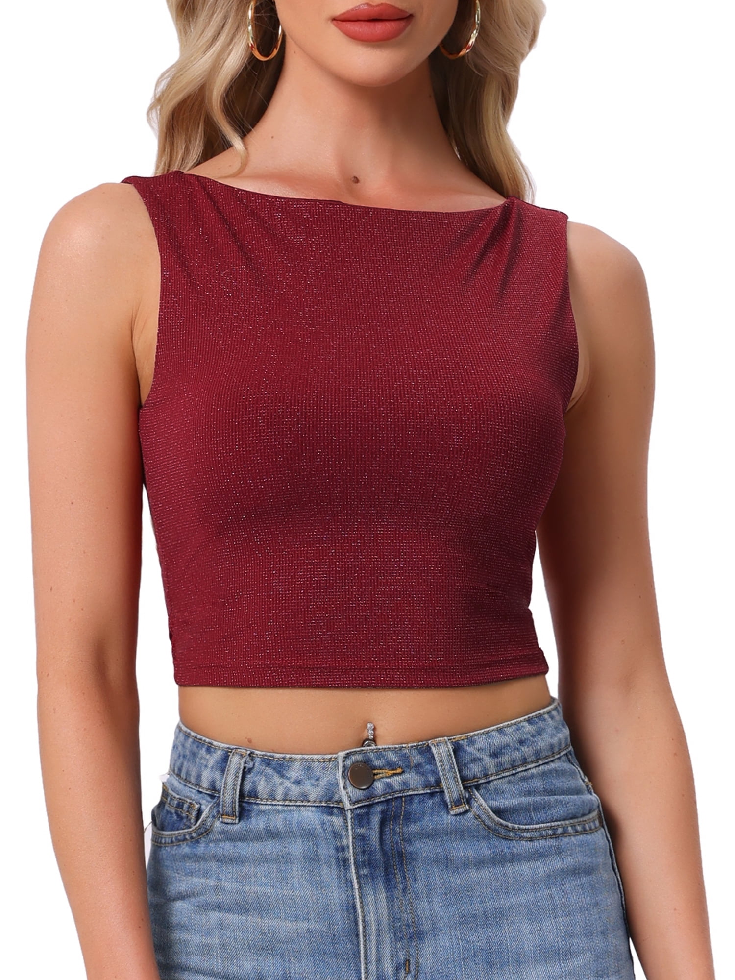 DARING DIVA Women's Glitter Vest Boat Neck Sleeveless Casual Outfit XL Wine Red