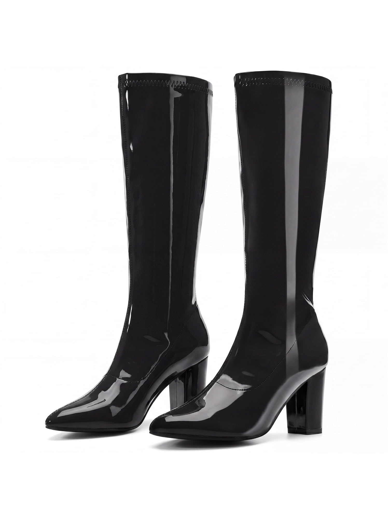DARING DIVA Women's Go Go Boot Patent Leather Chunky Heels Knee High Boots Black 6