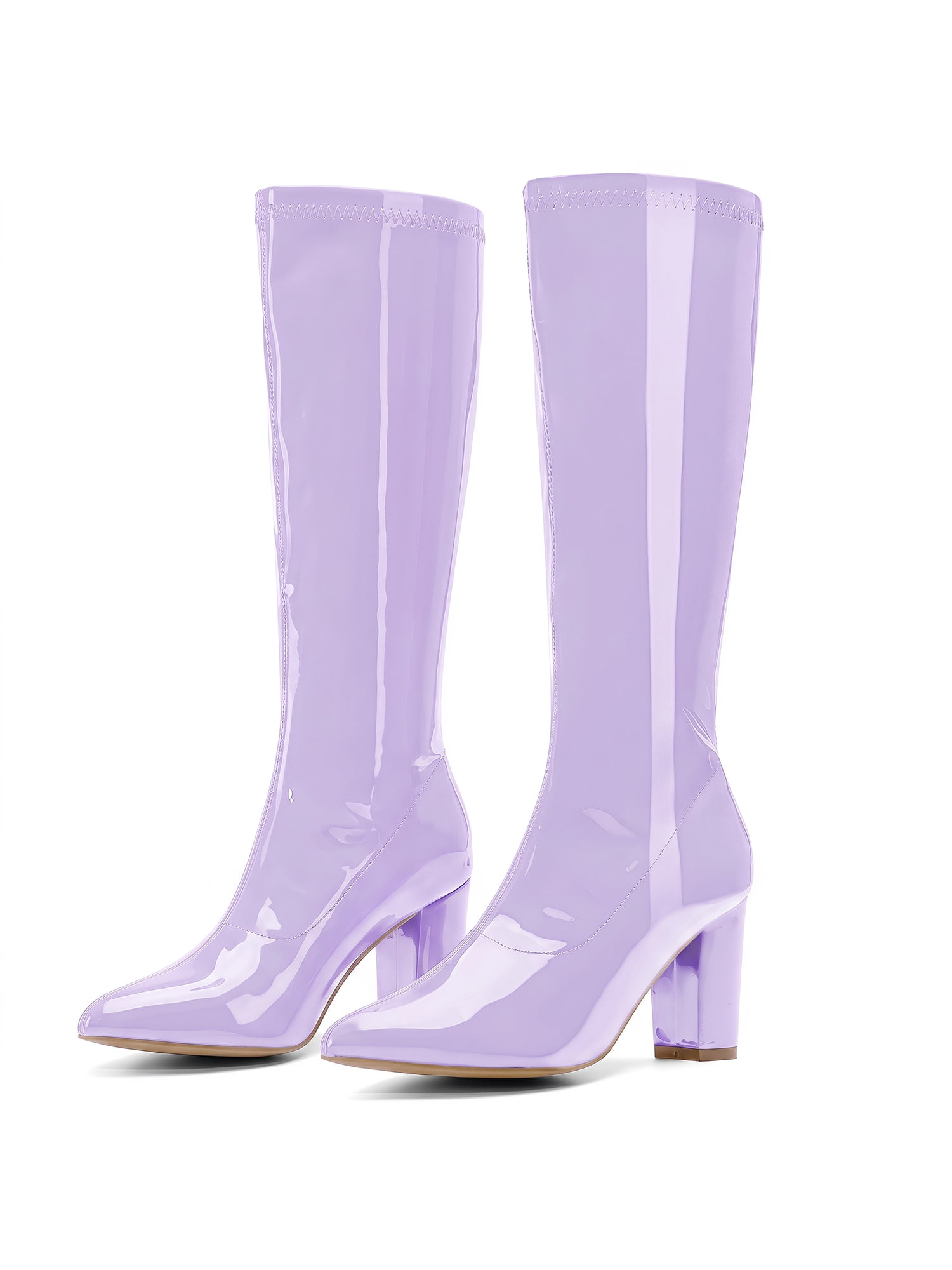DARING DIVA Women's Go Go Boot Patent Leather Chunky Heels Knee High Boots Purple 6