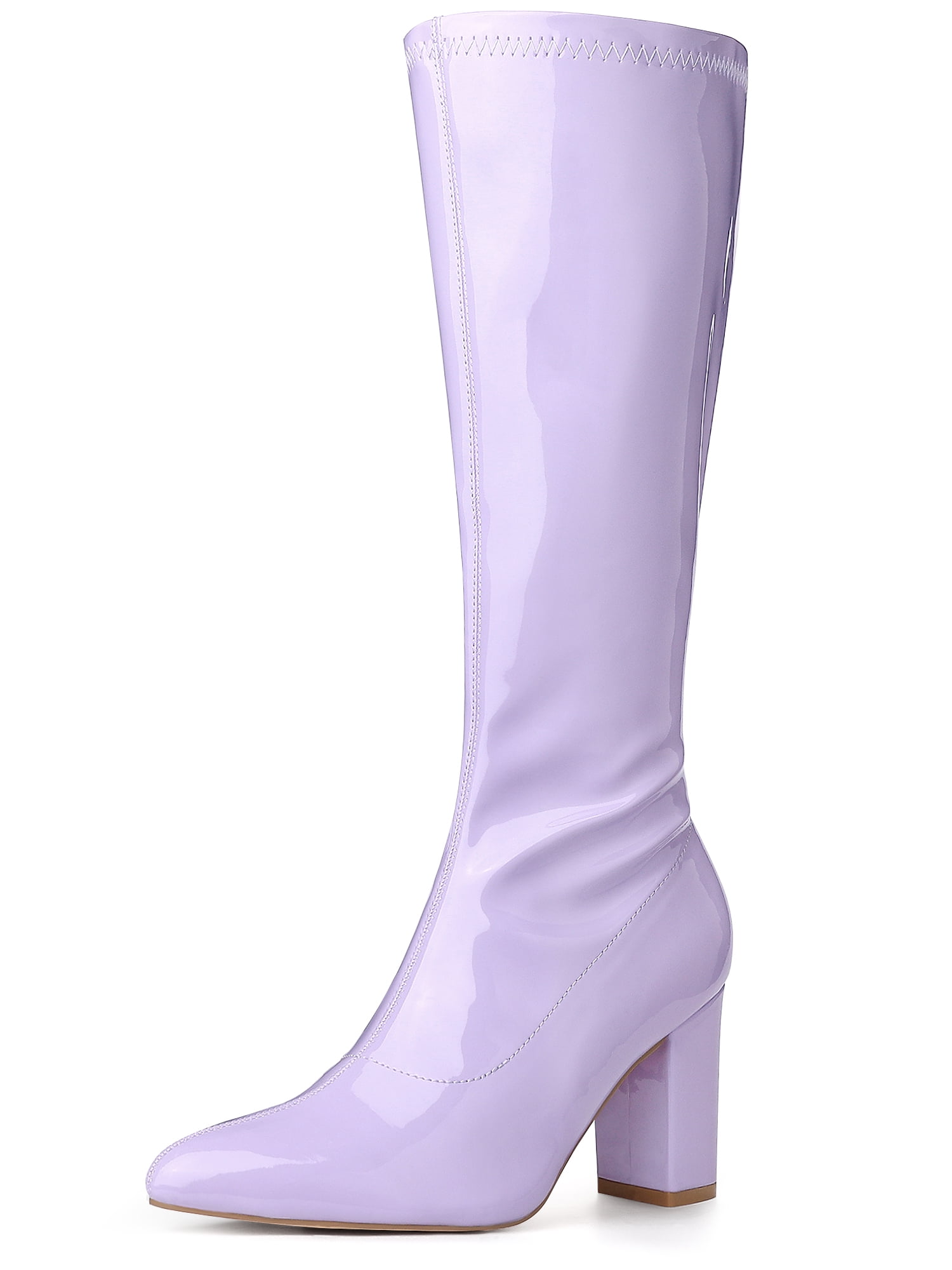 DARING DIVA Women's Go Go Boot Patent Leather Chunky Heels Knee High Boots Purple 7