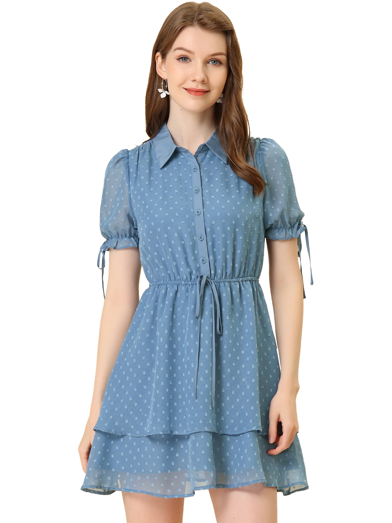 DARING DIVA Women's Gothic Collar Floral Drawstring Layered Chiffon Dress L Grey Blue