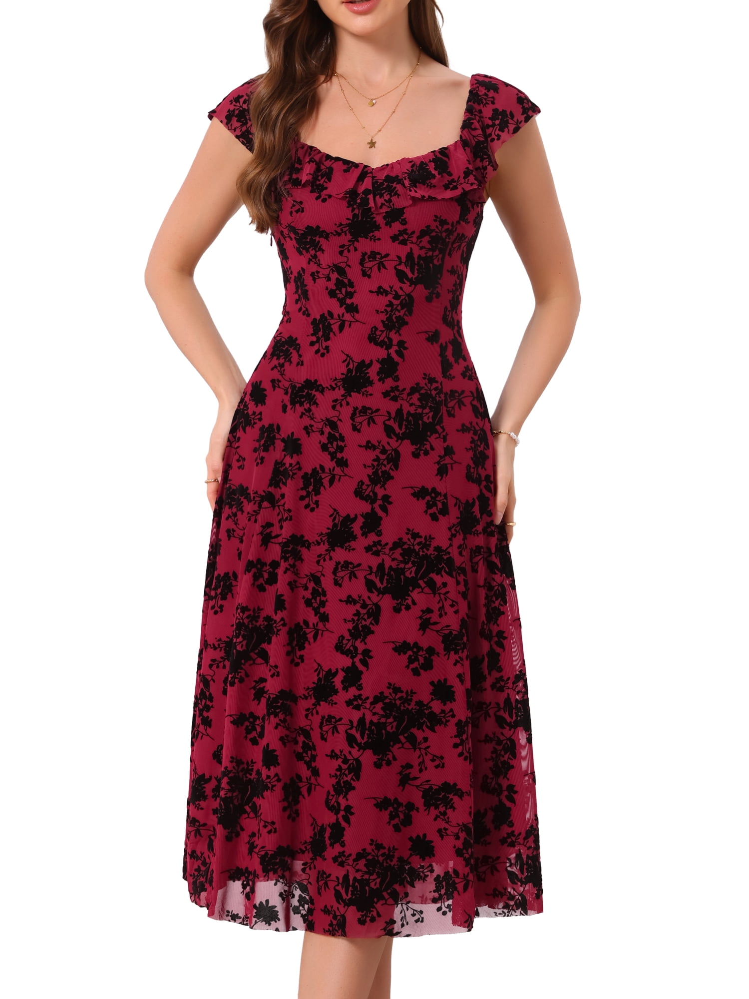 DARING DIVA Women's Gothic Sweetheart Neck Sleeveless Floral Dress 2XL Burgundy
