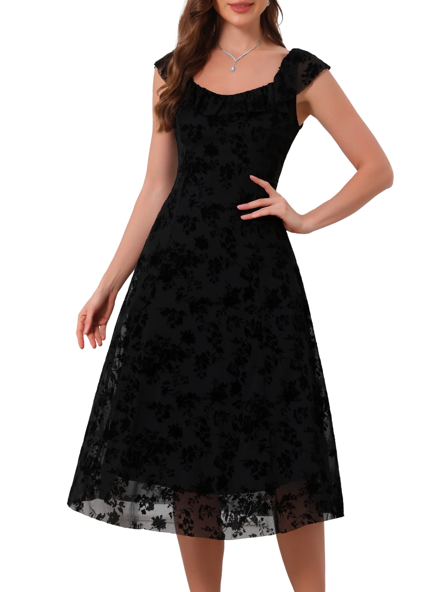 DARING DIVA Women's Gothic Sweetheart Neck Sleeveless Floral Dress M Black