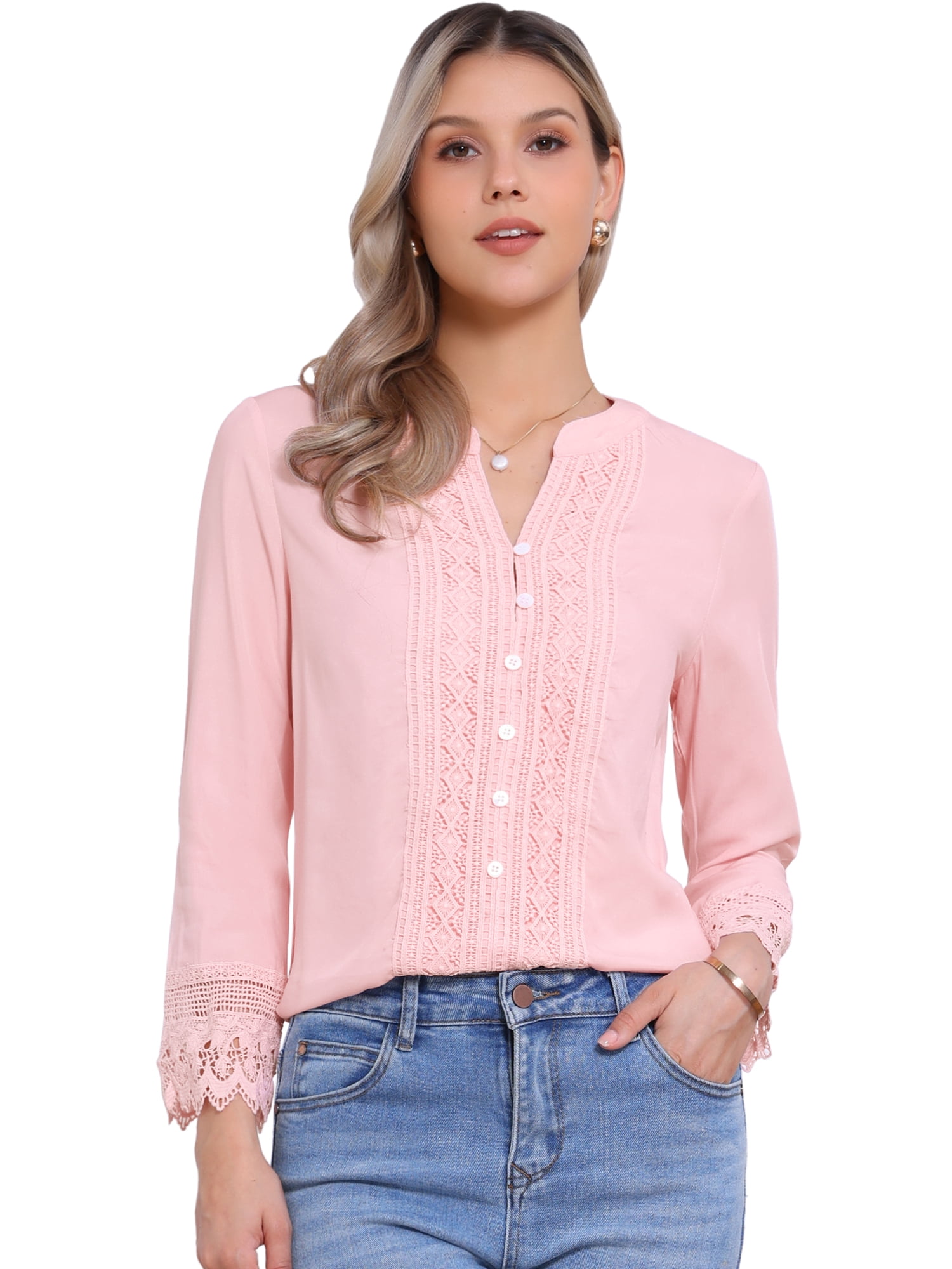 DARING DIVA Women's Half Button Placket Long Sleeve Lace Crochet Blouses M Light Pink