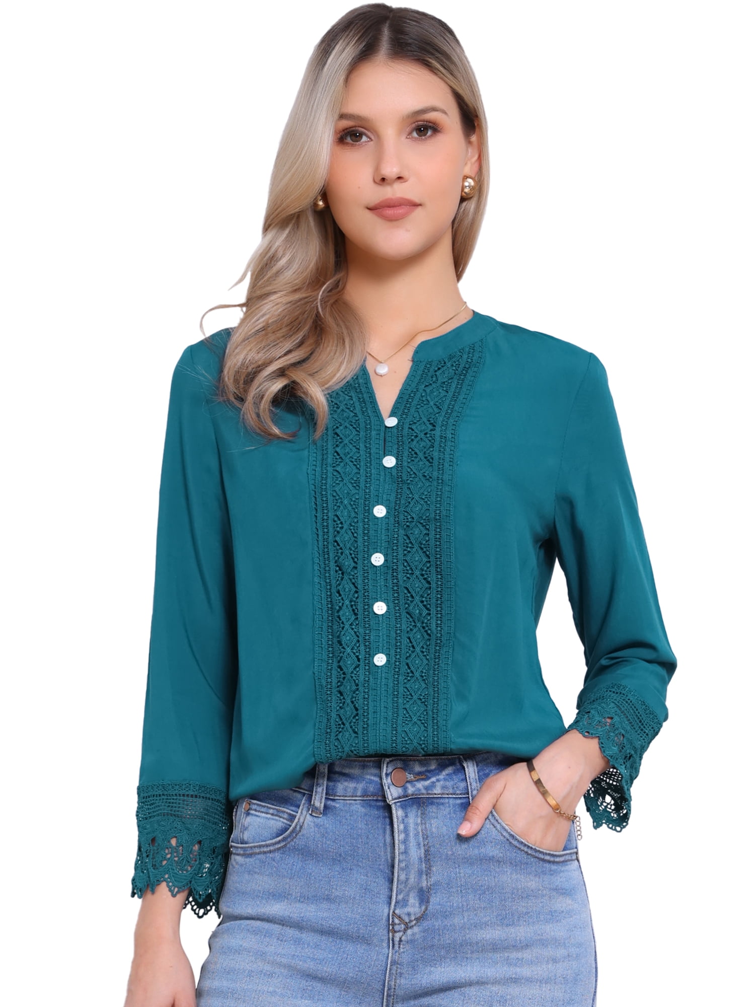 DARING DIVA Women's Half Button Placket Long Sleeve Lace Crochet Blouses M Peacock Blue